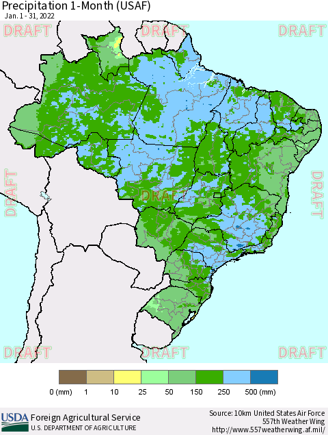 Brazil Precipitation 1-Month (USAF) Thematic Map For 1/1/2022 - 1/31/2022