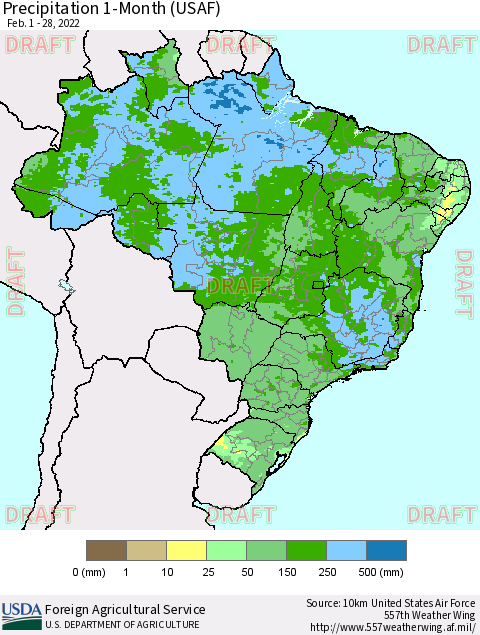 Brazil Precipitation 1-Month (USAF) Thematic Map For 2/1/2022 - 2/28/2022