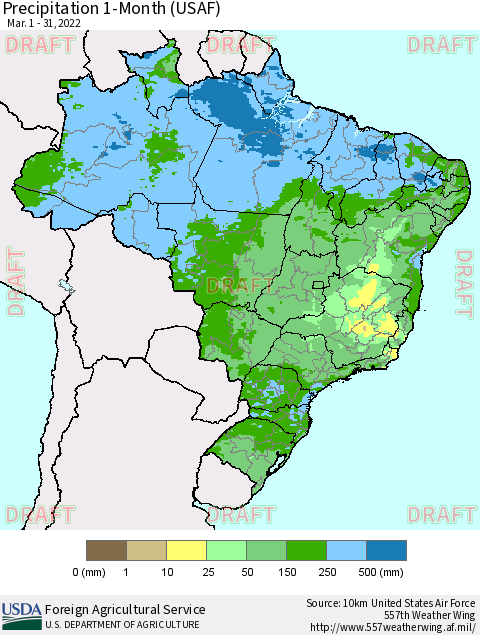 Brazil Precipitation 1-Month (USAF) Thematic Map For 3/1/2022 - 3/31/2022