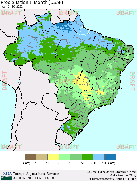 Brazil Precipitation 1-Month (USAF) Thematic Map For 4/1/2022 - 4/30/2022