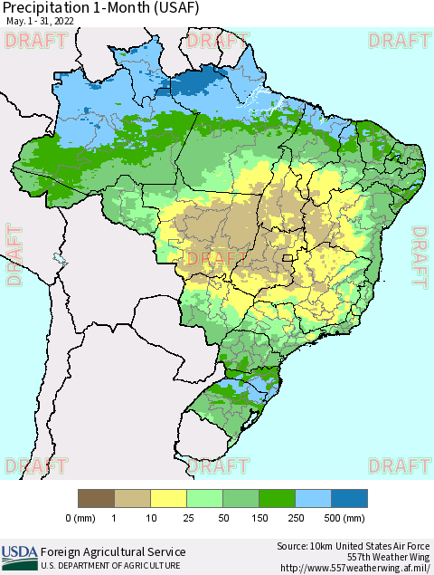 Brazil Precipitation 1-Month (USAF) Thematic Map For 5/1/2022 - 5/31/2022