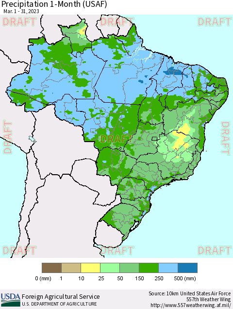 Brazil Precipitation 1-Month (USAF) Thematic Map For 3/1/2023 - 3/31/2023