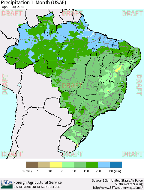 Brazil Precipitation 1-Month (USAF) Thematic Map For 4/1/2023 - 4/30/2023