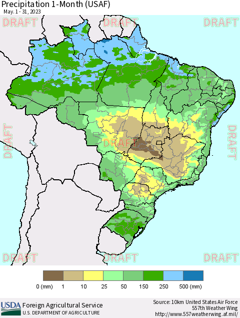 Brazil Precipitation 1-Month (USAF) Thematic Map For 5/1/2023 - 5/31/2023