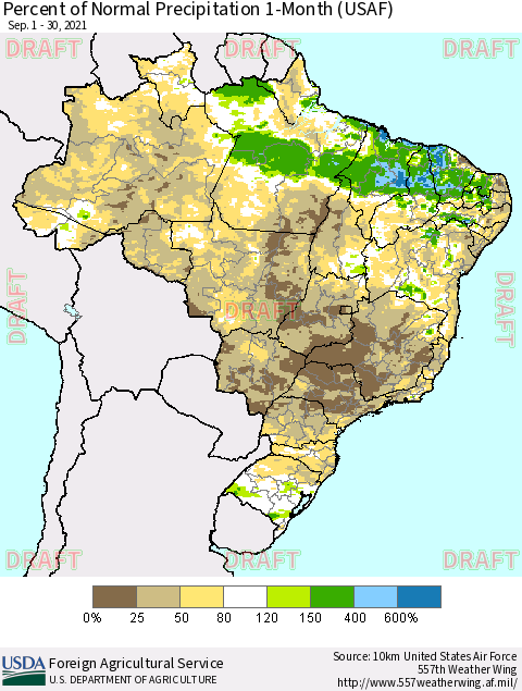 Brazil Percent of Normal Precipitation 1-Month (USAF) Thematic Map For 9/1/2021 - 9/30/2021
