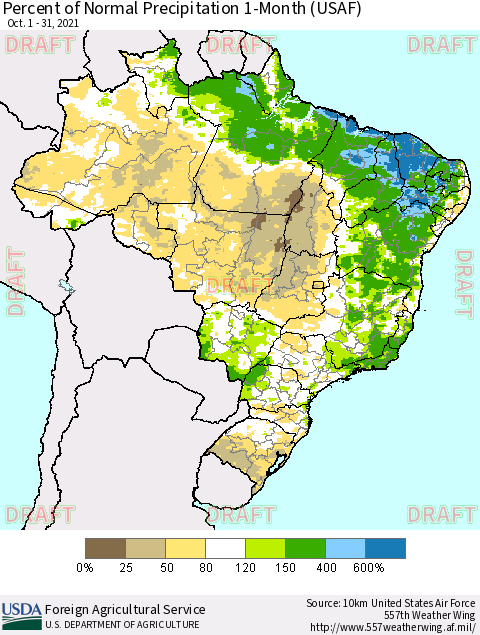 Brazil Percent of Normal Precipitation 1-Month (USAF) Thematic Map For 10/1/2021 - 10/31/2021