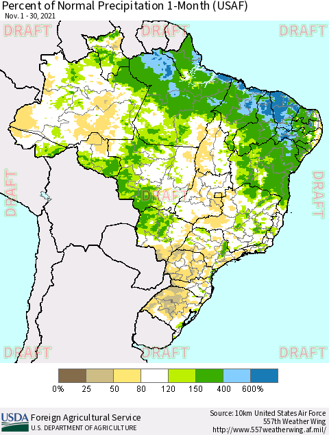 Brazil Percent of Normal Precipitation 1-Month (USAF) Thematic Map For 11/1/2021 - 11/30/2021