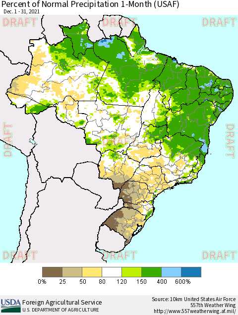 Brazil Percent of Normal Precipitation 1-Month (USAF) Thematic Map For 12/1/2021 - 12/31/2021