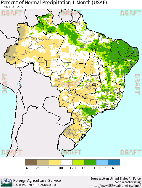 Brazil Percent of Normal Precipitation 1-Month (USAF) Thematic Map For 1/1/2022 - 1/31/2022