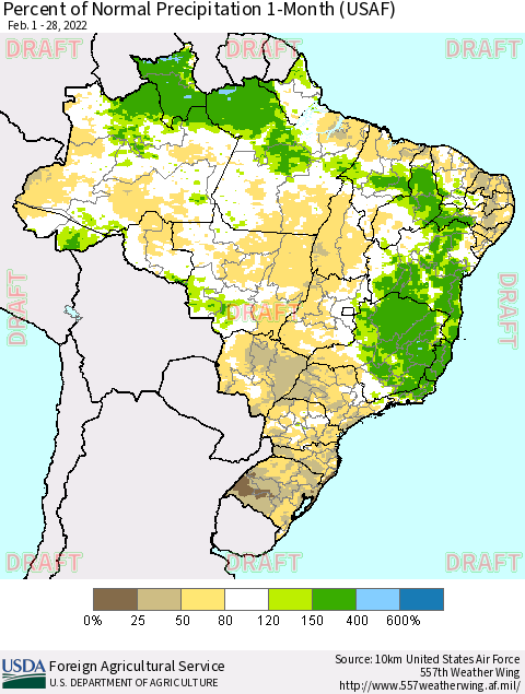 Brazil Percent of Normal Precipitation 1-Month (USAF) Thematic Map For 2/1/2022 - 2/28/2022