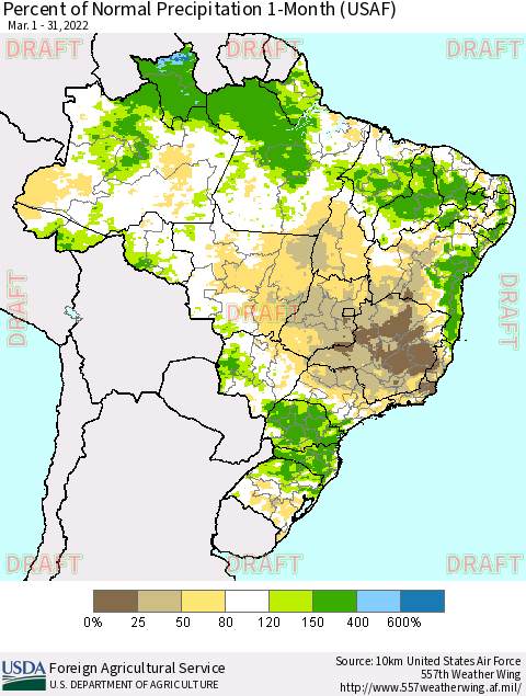 Brazil Percent of Normal Precipitation 1-Month (USAF) Thematic Map For 3/1/2022 - 3/31/2022