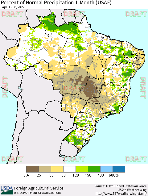 Brazil Percent of Normal Precipitation 1-Month (USAF) Thematic Map For 4/1/2022 - 4/30/2022