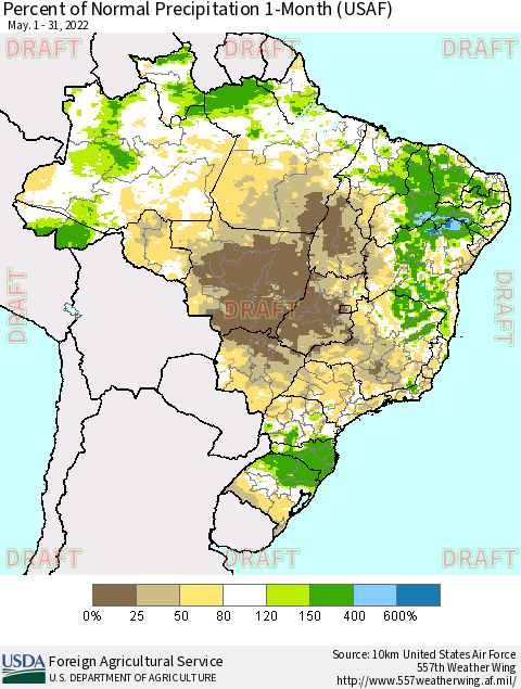 Brazil Percent of Normal Precipitation 1-Month (USAF) Thematic Map For 5/1/2022 - 5/31/2022