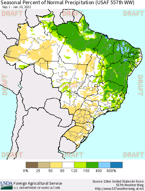 Brazil Seasonal Percent of Normal Precipitation (USAF 557th WW) Thematic Map For 9/1/2021 - 1/10/2022