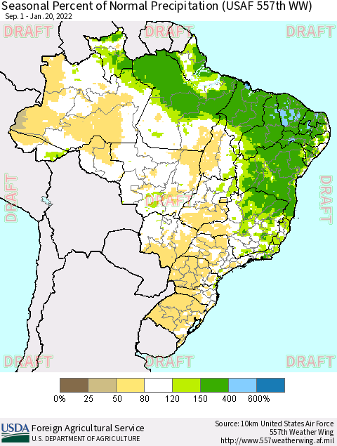 Brazil Seasonal Percent of Normal Precipitation (USAF 557th WW) Thematic Map For 9/1/2021 - 1/20/2022
