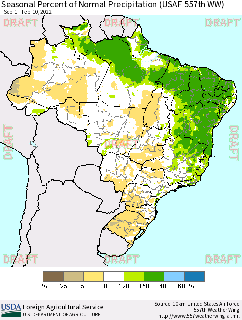 Brazil Seasonal Percent of Normal Precipitation (USAF 557th WW) Thematic Map For 9/1/2021 - 2/10/2022