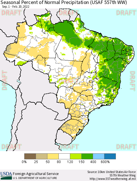 Brazil Seasonal Percent of Normal Precipitation (USAF 557th WW) Thematic Map For 9/1/2021 - 2/20/2022