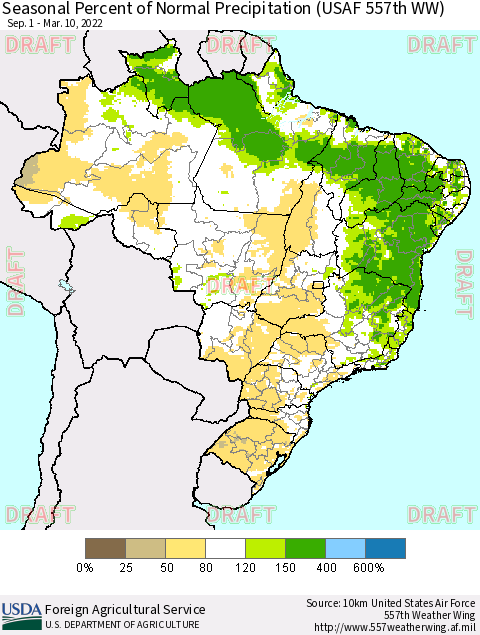 Brazil Seasonal Percent of Normal Precipitation (USAF 557th WW) Thematic Map For 9/1/2021 - 3/10/2022