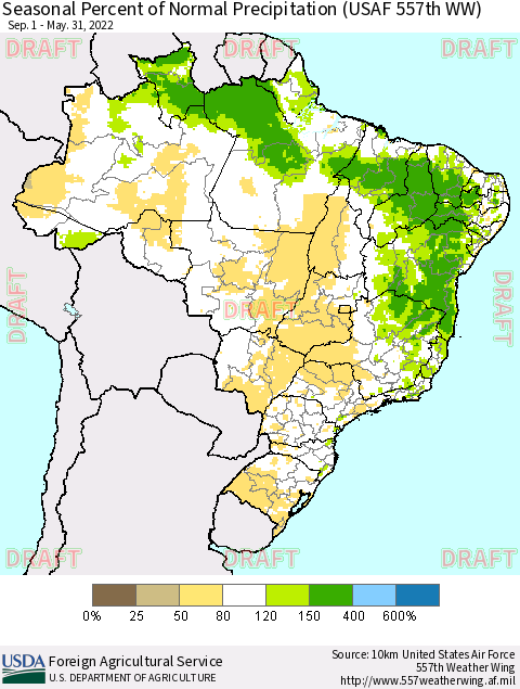 Brazil Seasonal Percent of Normal Precipitation (USAF 557th WW) Thematic Map For 9/1/2021 - 5/31/2022
