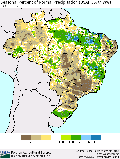 Brazil Seasonal Percent of Normal Precipitation (USAF 557th WW) Thematic Map For 9/1/2021 - 9/10/2021