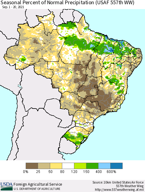 Brazil Seasonal Percent of Normal Precipitation (USAF 557th WW) Thematic Map For 9/1/2021 - 9/20/2021