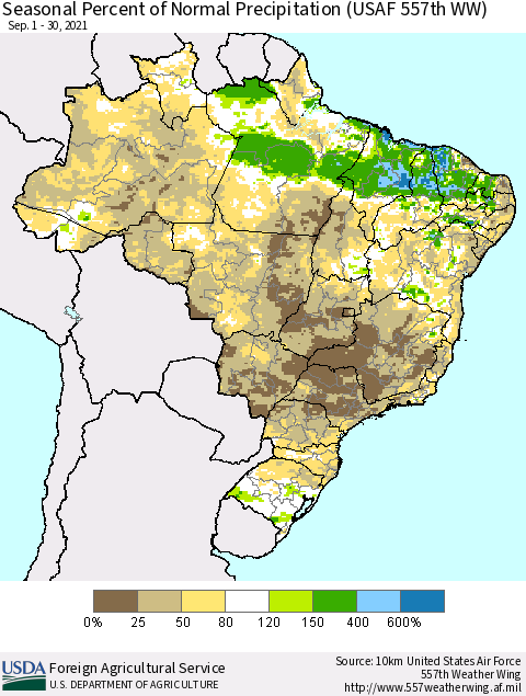 Brazil Seasonal Percent of Normal Precipitation (USAF 557th WW) Thematic Map For 9/1/2021 - 9/30/2021