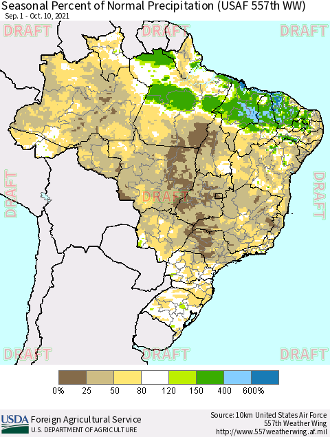 Brazil Seasonal Percent of Normal Precipitation (USAF 557th WW) Thematic Map For 9/1/2021 - 10/10/2021