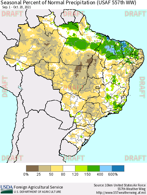 Brazil Seasonal Percent of Normal Precipitation (USAF 557th WW) Thematic Map For 9/1/2021 - 10/20/2021