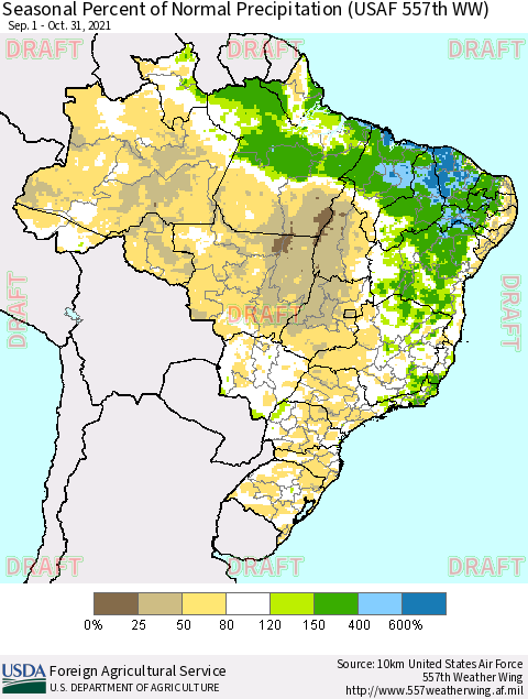 Brazil Seasonal Percent of Normal Precipitation (USAF 557th WW) Thematic Map For 9/1/2021 - 10/31/2021