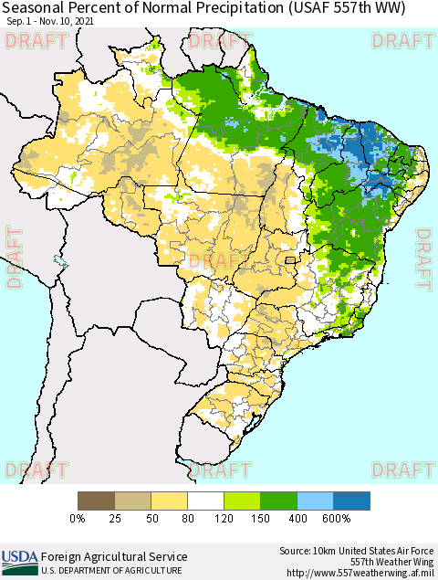 Brazil Seasonal Percent of Normal Precipitation (USAF 557th WW) Thematic Map For 9/1/2021 - 11/10/2021