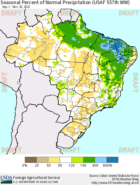 Brazil Seasonal Percent of Normal Precipitation (USAF 557th WW) Thematic Map For 9/1/2021 - 11/20/2021