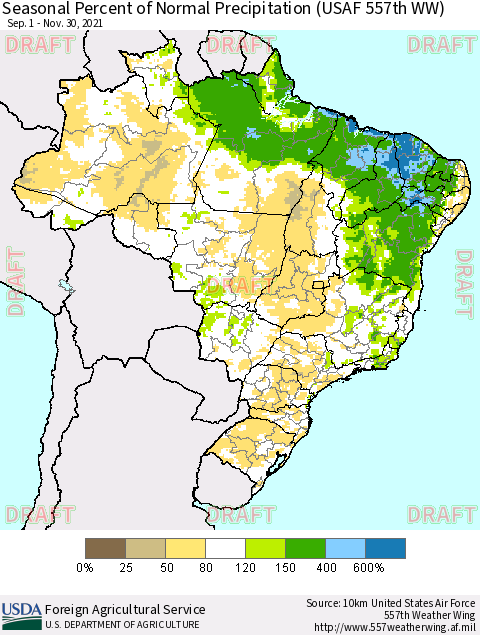 Brazil Seasonal Percent of Normal Precipitation (USAF 557th WW) Thematic Map For 9/1/2021 - 11/30/2021