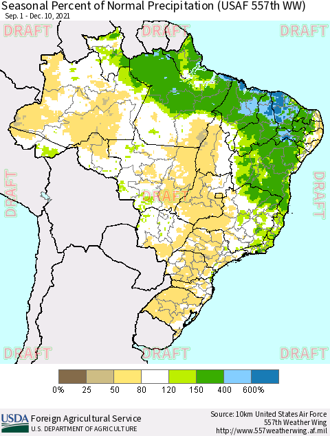 Brazil Seasonal Percent of Normal Precipitation (USAF 557th WW) Thematic Map For 9/1/2021 - 12/10/2021