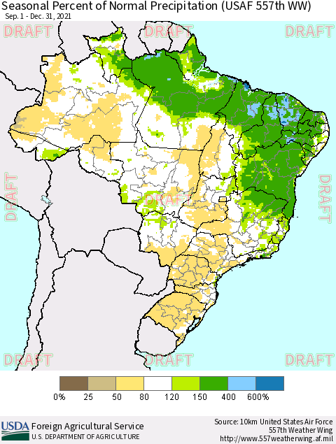 Brazil Seasonal Percent of Normal Precipitation (USAF 557th WW) Thematic Map For 9/1/2021 - 12/31/2021