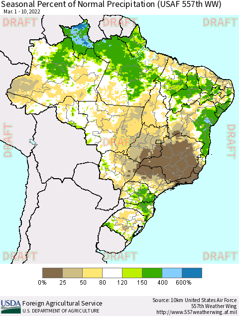 Brazil Seasonal Percent of Normal Precipitation (USAF 557th WW) Thematic Map For 3/1/2022 - 3/10/2022