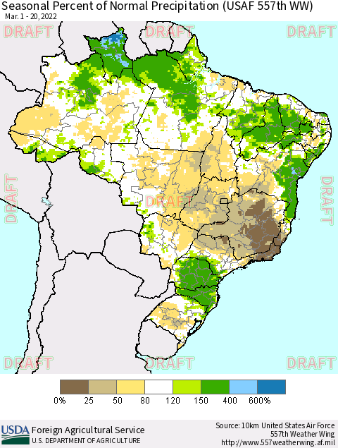 Brazil Seasonal Percent of Normal Precipitation (USAF 557th WW) Thematic Map For 3/1/2022 - 3/20/2022