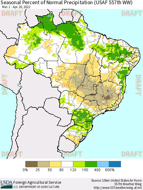 Brazil Seasonal Percent of Normal Precipitation (USAF 557th WW) Thematic Map For 3/1/2022 - 4/20/2022