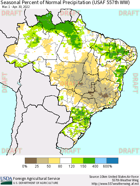 Brazil Seasonal Percent of Normal Precipitation (USAF 557th WW) Thematic Map For 3/1/2022 - 4/30/2022