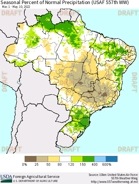 Brazil Seasonal Percent of Normal Precipitation (USAF 557th WW) Thematic Map For 3/1/2022 - 5/10/2022