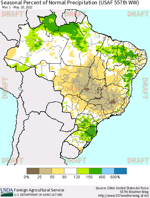 Brazil Seasonal Percent of Normal Precipitation (USAF 557th WW) Thematic Map For 3/1/2022 - 5/20/2022