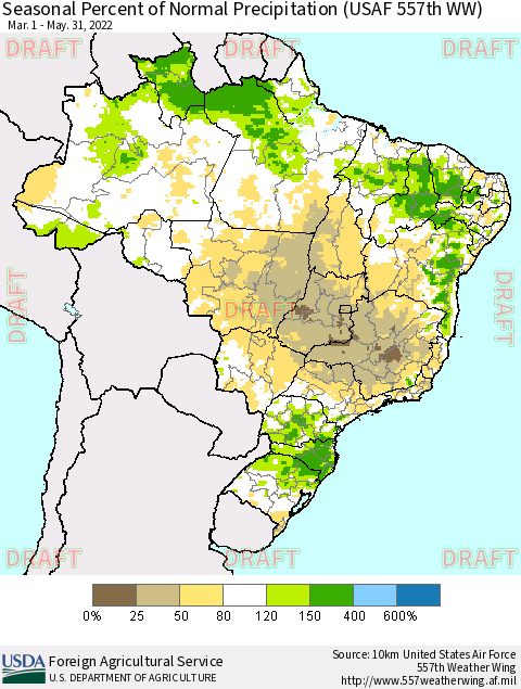 Brazil Seasonal Percent of Normal Precipitation (USAF 557th WW) Thematic Map For 3/1/2022 - 5/31/2022