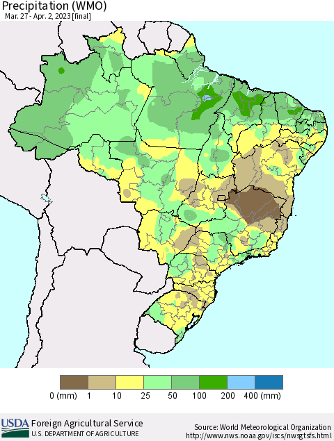 Brazil Precipitation (WMO) Thematic Map For 3/27/2023 - 4/2/2023