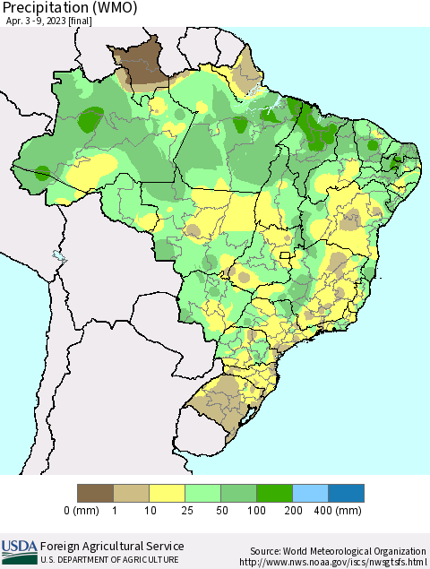 Brazil Precipitation (WMO) Thematic Map For 4/3/2023 - 4/9/2023