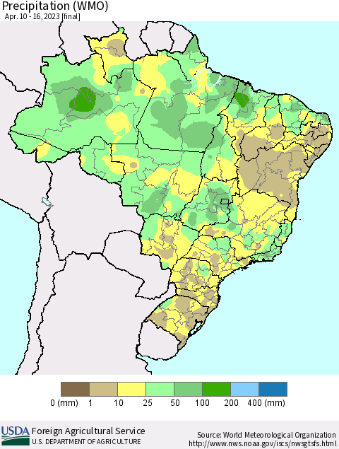 Brazil Precipitation (WMO) Thematic Map For 4/10/2023 - 4/16/2023