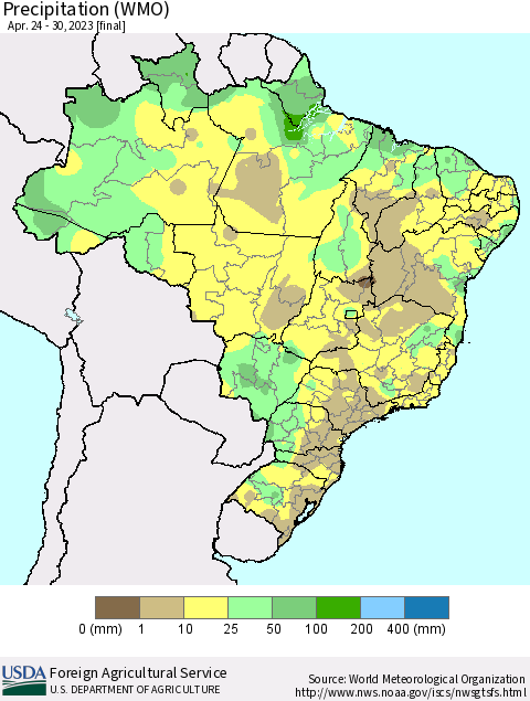 Brazil Precipitation (WMO) Thematic Map For 4/24/2023 - 4/30/2023