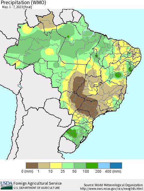 Brazil Precipitation (WMO) Thematic Map For 5/1/2023 - 5/7/2023