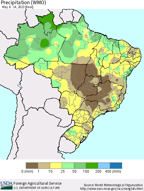 Brazil Precipitation (WMO) Thematic Map For 5/8/2023 - 5/14/2023