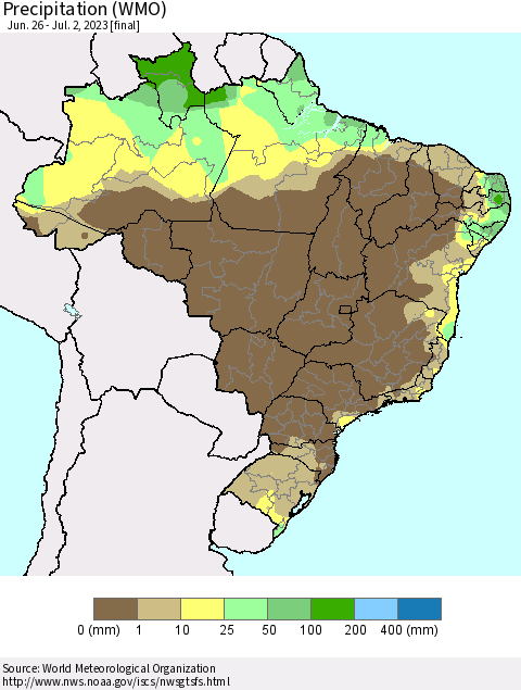 Brazil Precipitation (WMO) Thematic Map For 6/26/2023 - 7/2/2023