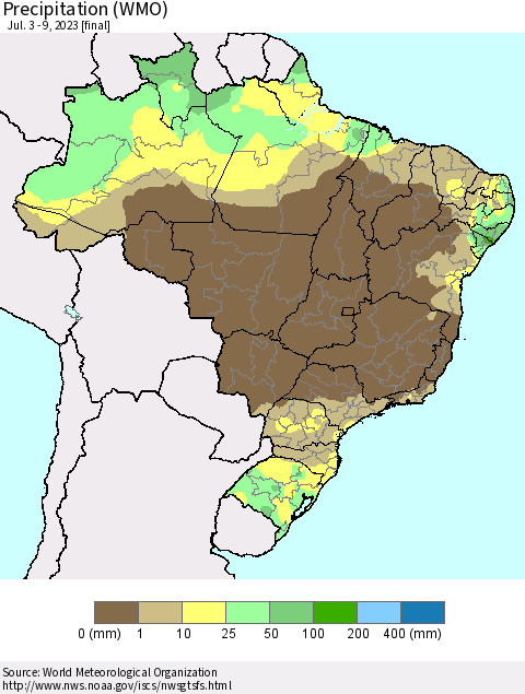 Brazil Precipitation (WMO) Thematic Map For 7/3/2023 - 7/9/2023
