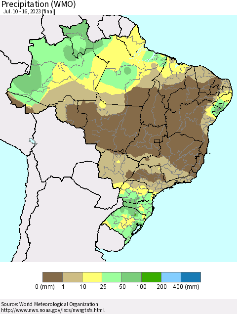 Brazil Precipitation (WMO) Thematic Map For 7/10/2023 - 7/16/2023